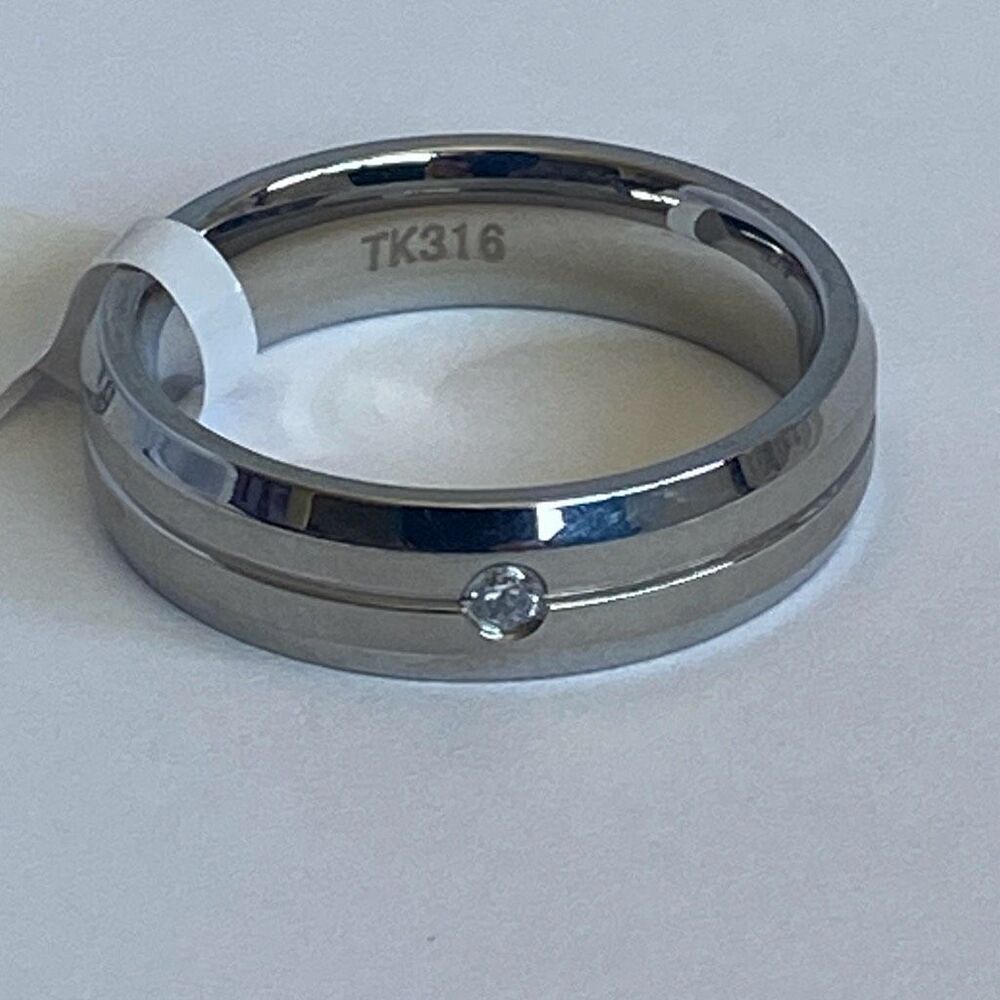 Men’s Stainless Steel Ring Size 10 Silver Band w/ CZ Accent Classic